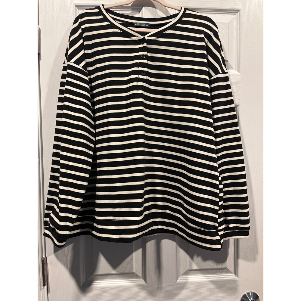 Ofeefan Black White Striped Henley Long Sleeve Top XXL Casual Pullover